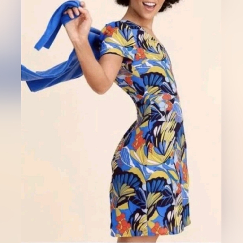 J. Crew Mercantile Blue/Yellow Tropical Floral V Neck Faux Wrap Dress Size 00